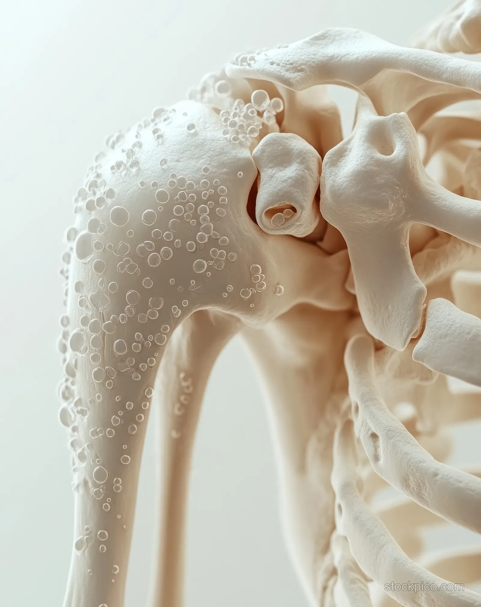 3D skeleton shoulder model with highlighted clavicle and scapula area suggesting painful inflammation.