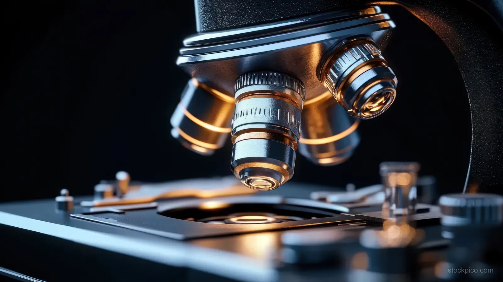 Warm-lit close-up of a metallic microscope objective with visible adjustment mechanisms on a dark laboratory bench.