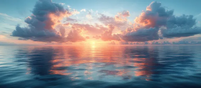 Sunrise over calm ocean waves with pastel clouds and shimmering horizon reflection