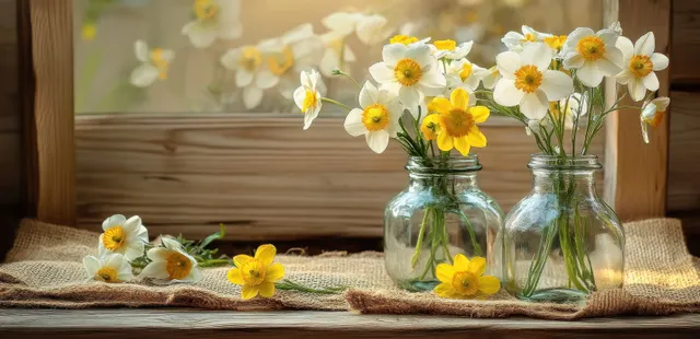 Daffodils in vintage glass vases on burlap beside rustic wooden planks