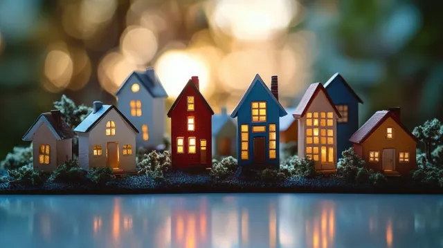 Miniature houses arranged on a reflective surface with warm bokeh lights behind them.