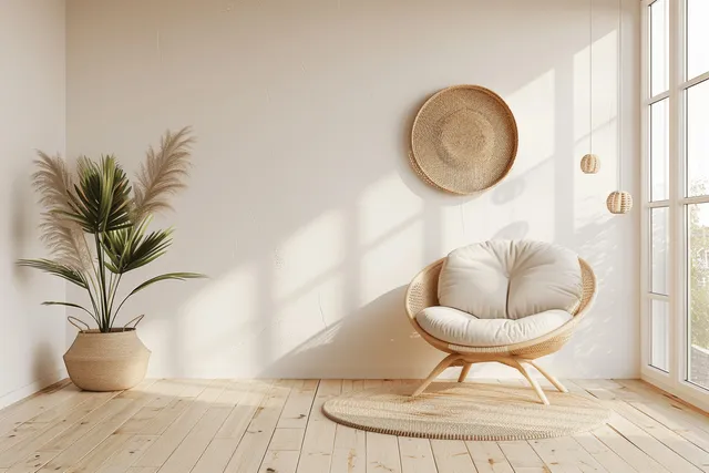 Beige egg chair in a Scandinavian living room with pale wooden floor, white wall, and soft window shadows.
