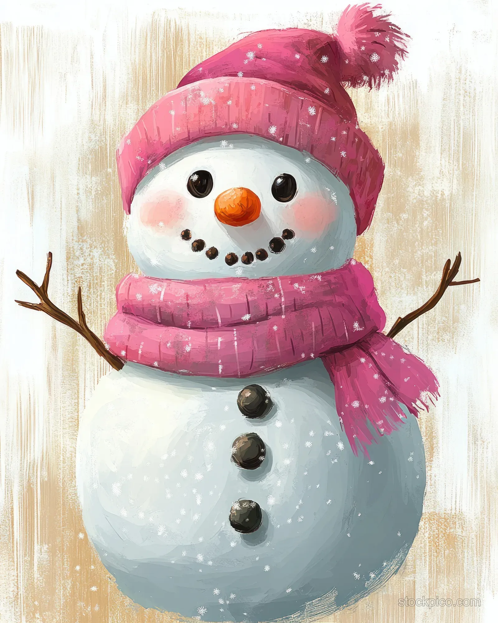 A cheerful snowman wearing a pink knitted hat and scarf, with stick arms, carrot nose, and coal face details.