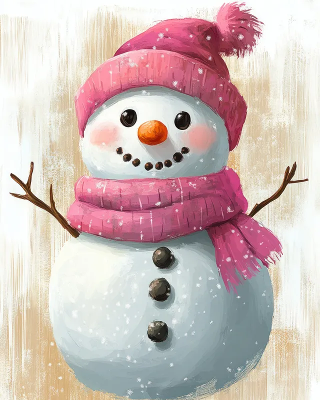 A cheerful snowman wearing a pink knitted hat and scarf, with stick arms, carrot nose, and coal face details.