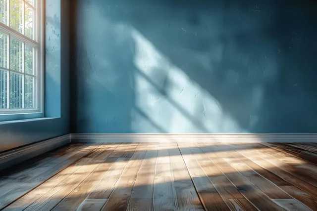 Sunlit interior corner with turquoise wall, wooden floor, and window shadows across the floor.