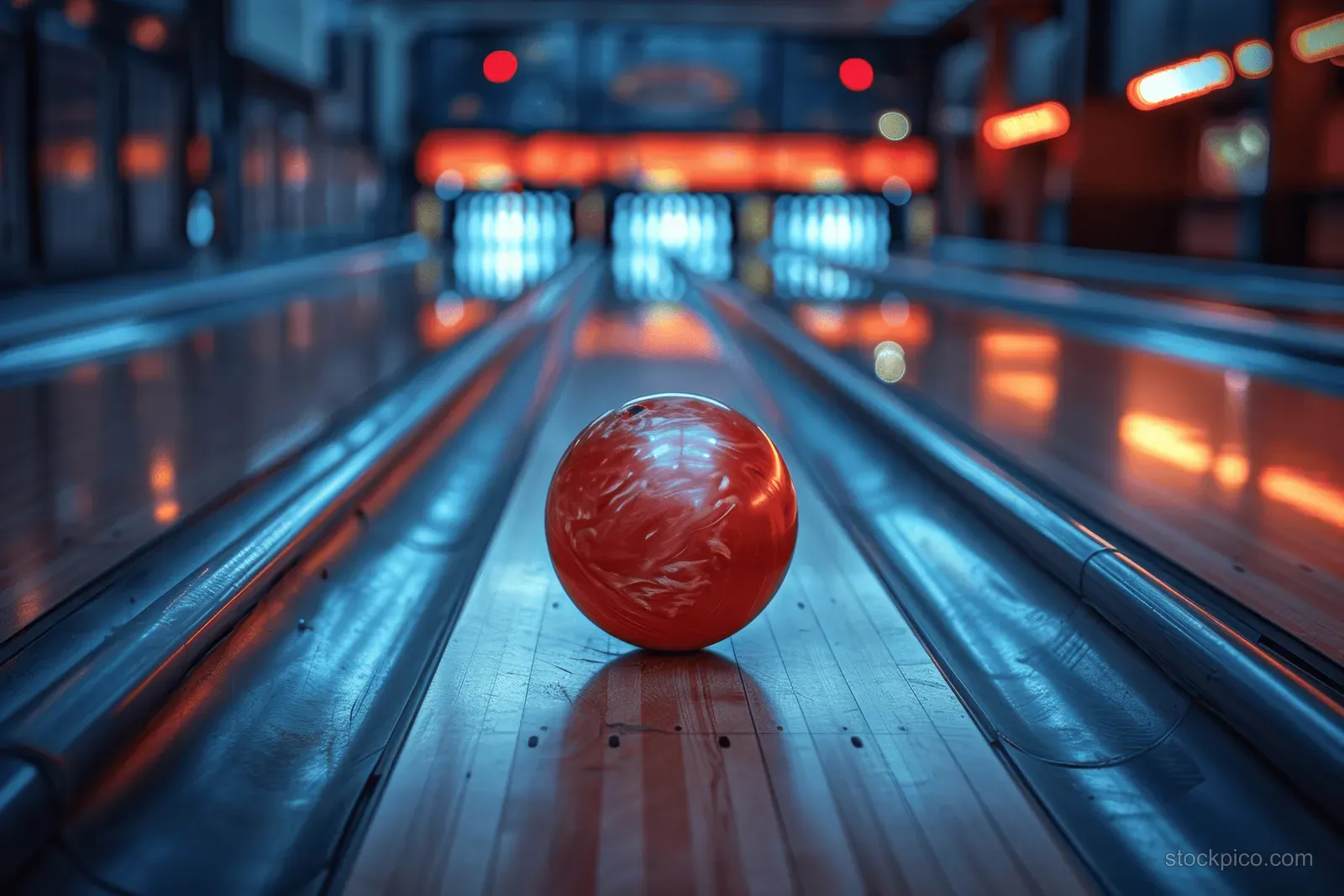 A purple bowling ball rolls down a brightly lit lane toward blurred pins in the distance.
