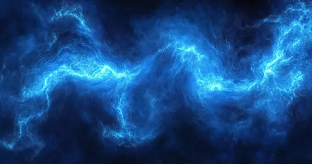 Blue electric lightning swirls across a dark background, glowing like plasma currents.