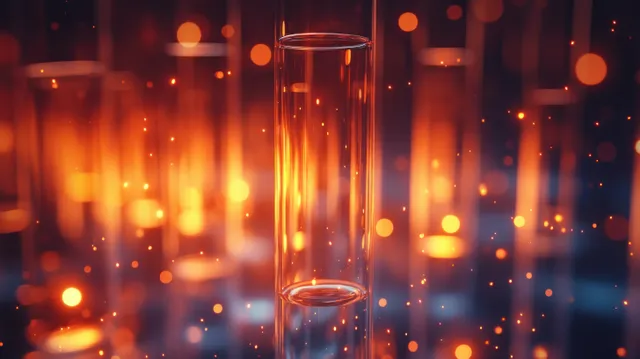 A glass test tube filled with glowing chemical liquid stands in a dark laboratory with soft bokeh lights behind it.