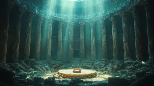 Teal-lit ancient amphitheater interior shows tall stone columns around an empty circular podium stage.