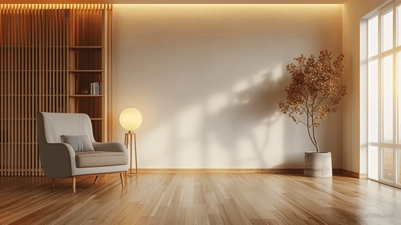 Minimalist living room with armchair, bookcase, warm lamp light, wooden floor, and sunlit window shadows.