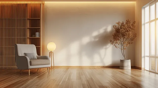 Minimalist living room scene with armchair, bookcase, and warm lamp light on wooden floor