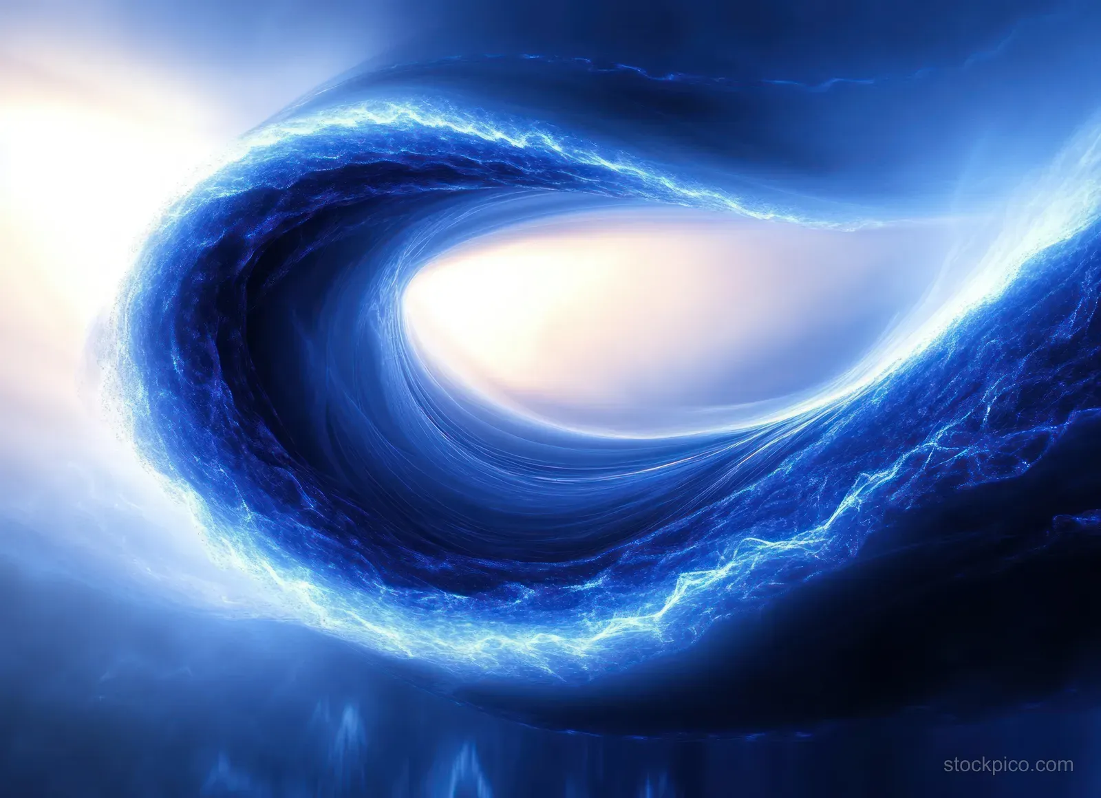 A blue electric energy vortex spirals inward around a glowing white core with luminous wave rings.