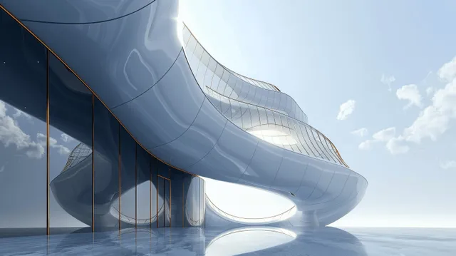 Futuristic curved skyscraper facade with panoramic glass windows and golden arch accents