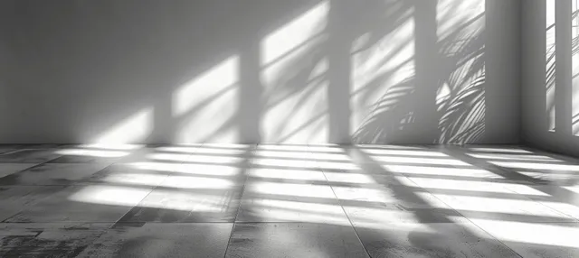 Sunbeam stripes across empty room floor and white wall, soft window shadows