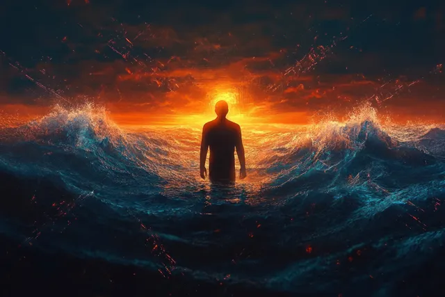 Silhouette of a person standing in rough ocean water with large waves under a glowing sunset sky.