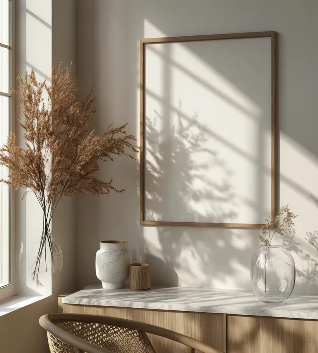 Scandinavian living room scene with soft daylight, minimalist wall art frame, and dry flowers