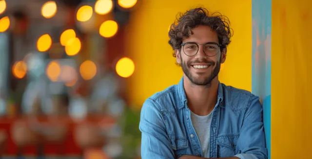 Smiling man in blue shirt and glasses sits with a laptop while warm bokeh lights blur in the background.