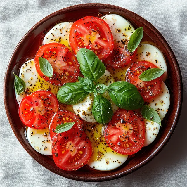 Top-down caprese salad bowl with tomato slices, mozzarella, basil leaves, black pepper, and olive oil on white fabric.