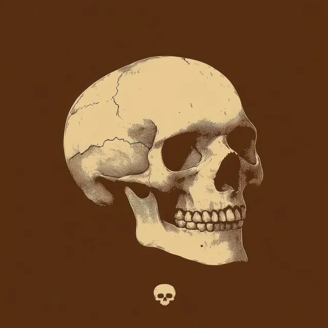 Side-view human skull illustration showing cracked surface and empty eye sockets on a warm brown background.