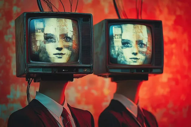 Two suited figures with vintage TV screens for heads in front of blazing red background