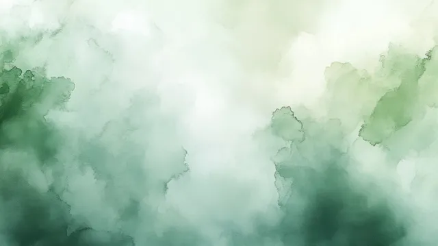 Soft green watercolor mist fades into pale white with cloudy blot textures and smooth gradient.