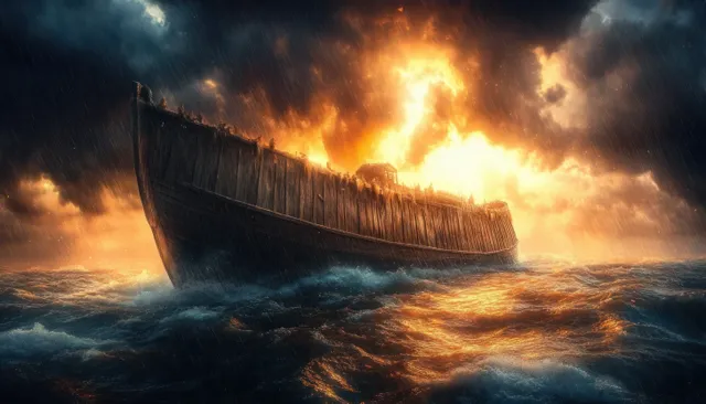 Wooden ark ship battling turbulent ocean waves beneath storm clouds and fiery light