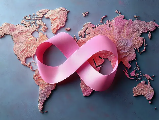 Pink infinity ribbon laid over a textured 3D world map on a gray-blue background.
