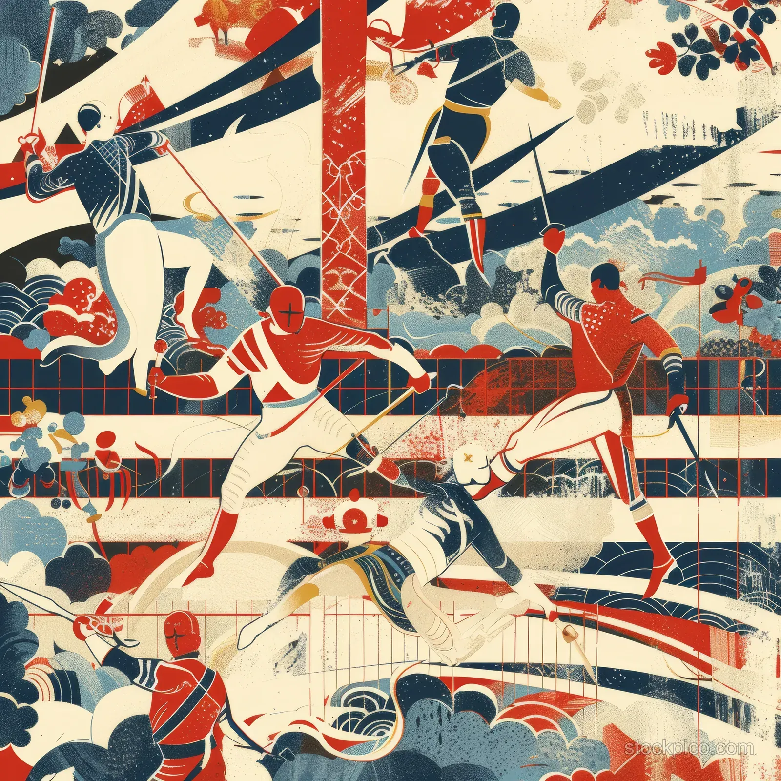 Retro graphic shows Russian modern pentathlon athletes fencing and riding across a Rio 2016 themed patterned background.