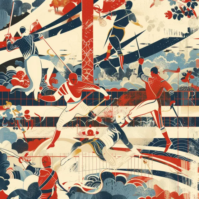 Retro graphic shows Russian modern pentathlon athletes fencing and riding across a Rio 2016 themed patterned background.