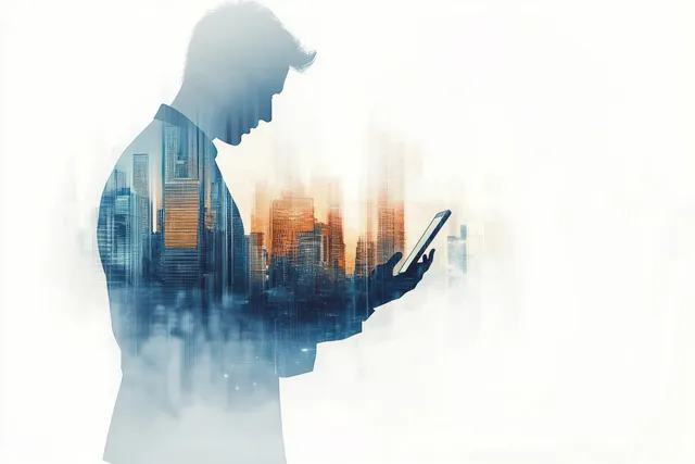 A businessman views a tablet with a double-exposure blue skyscraper city technology background behind him.