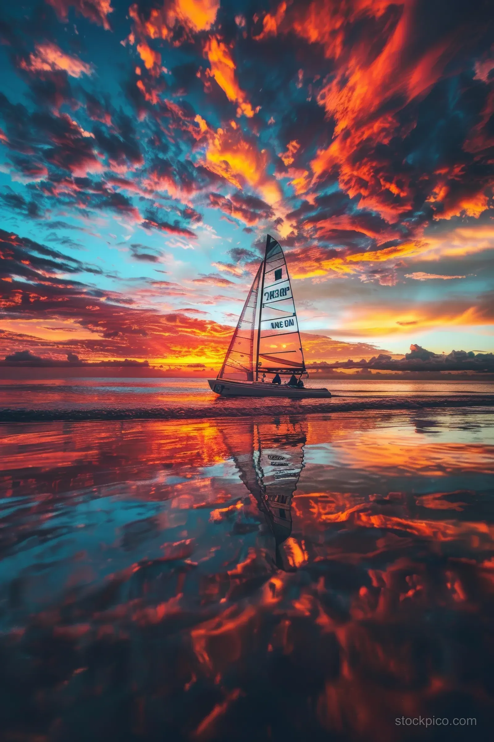 A racing Nacra 17 catamaran heads across the ocean at sunset while clouds reflect on the water.