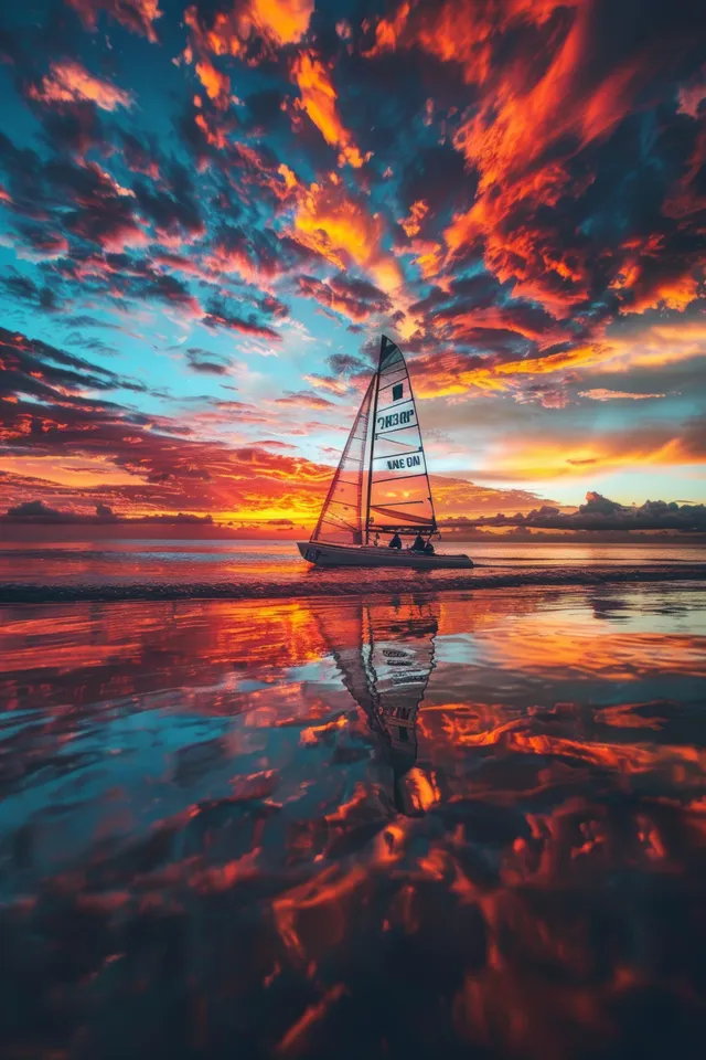 A racing Nacra 17 catamaran heads across the ocean at sunset while clouds reflect on the water.