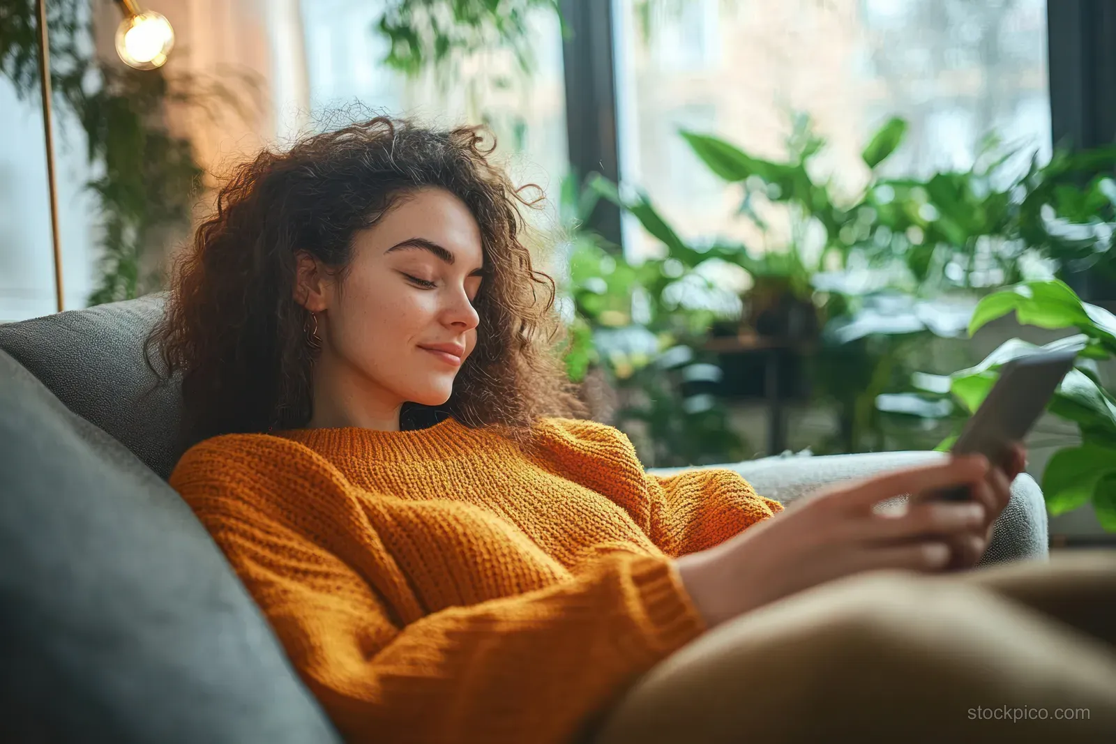 Young woman lounging on a couch, holding a smartphone and scrolling while bright plants and sunlight fill the living room.