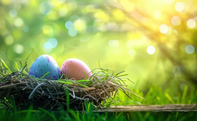 Two pastel eggs resting in a twig nest on fresh green grass at sunrise