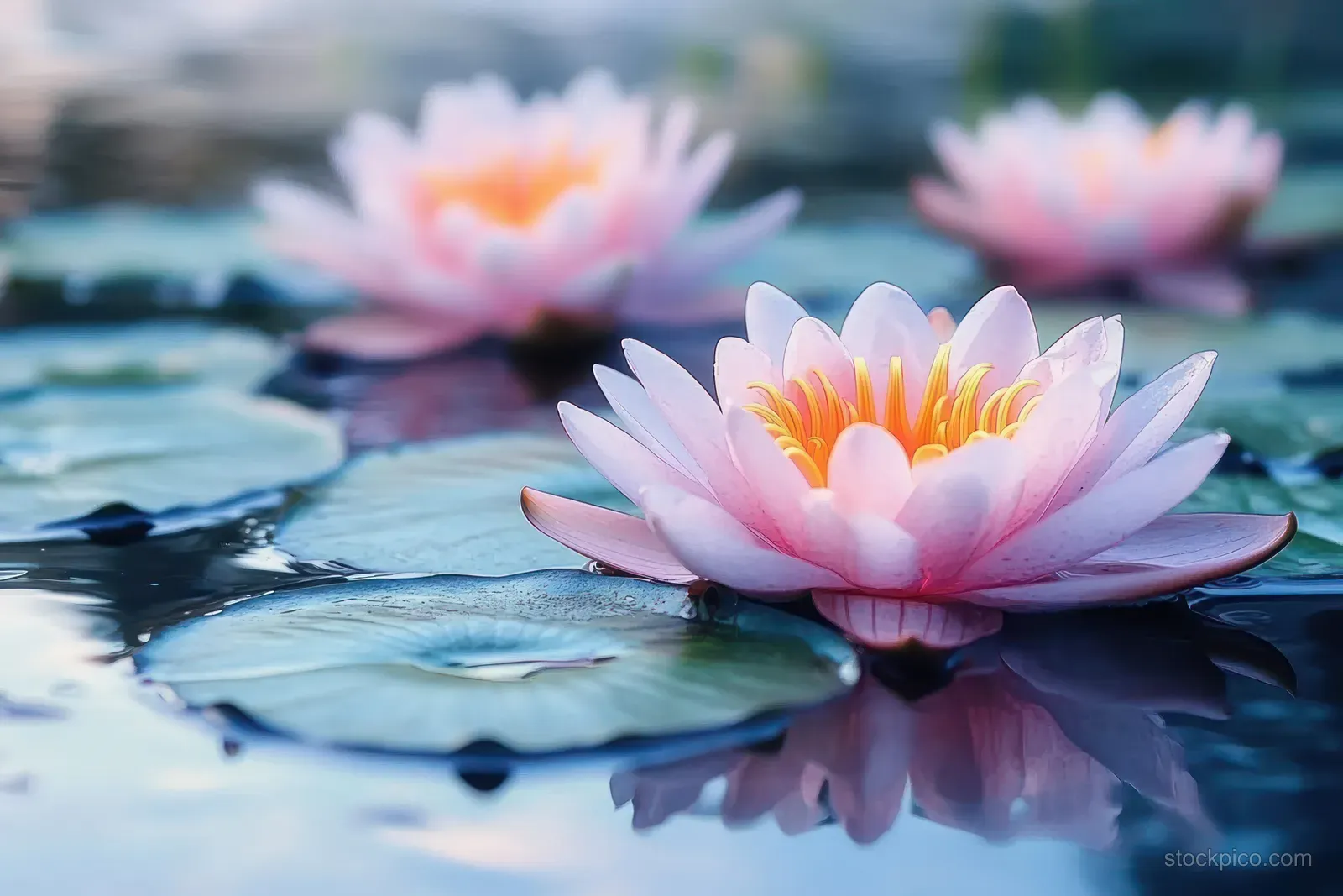 Pink water lily floating on a calm pond with morning light reflections and soft pastel strokes.