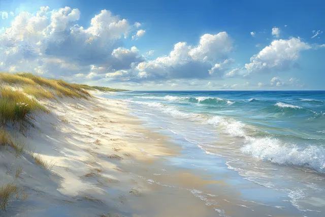 Sunlit ocean waves roll onto sandy shoreline under pastel blue sky and soft clouds