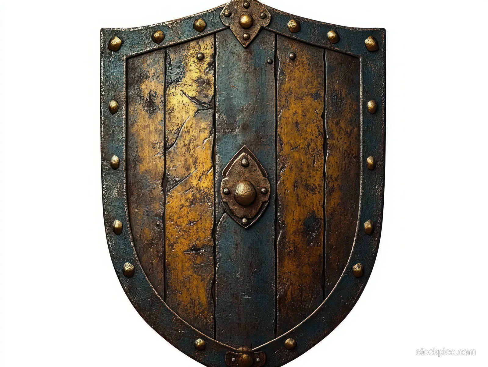 Weathered medieval wooden shield with rivets and a tarnished central boss against a white background.