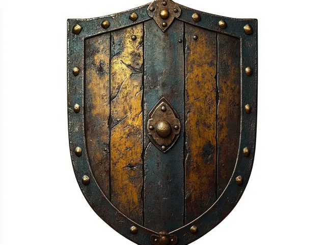 Weathered medieval wooden shield with riveted metal boss and tarnished plate on white background