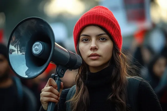 Young woman in a red beanie holding a megaphone during an outdoor protest with a blurred crowd behind her.