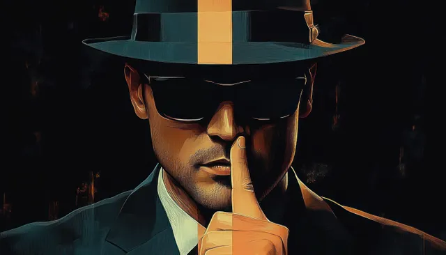 A man in a dark hat and sunglasses holds a finger to his lips in a shadowy, moody portrait.