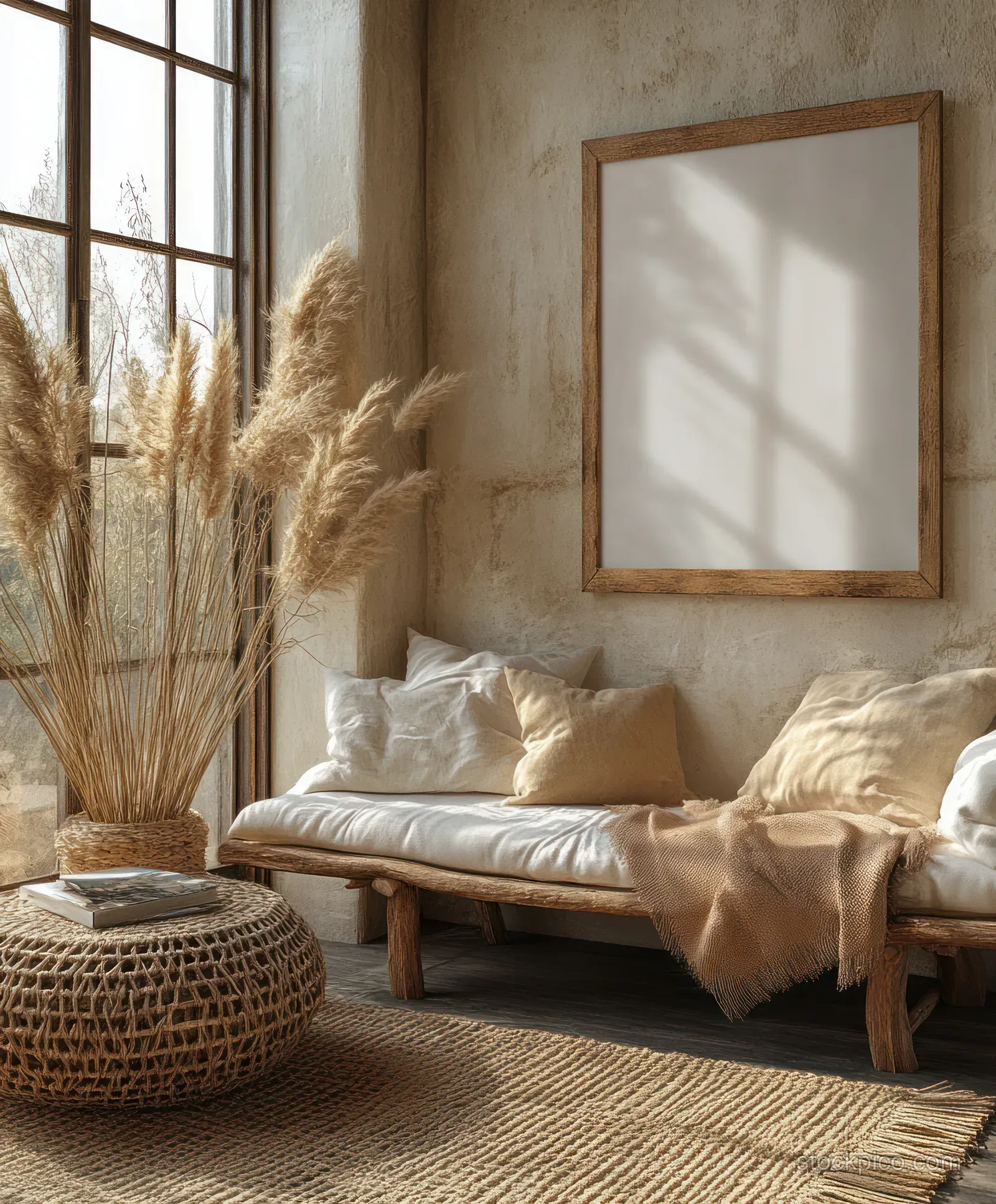 Sunlit Scandinavian living room corner with a wooden framed blank canvas above a neutral sofa and woven decor.
