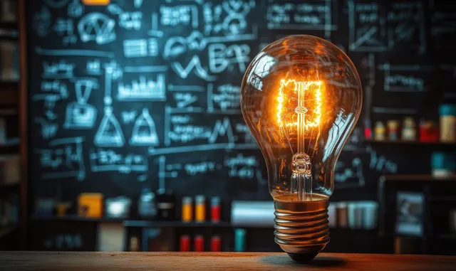Glowing vintage light bulb on a wooden desk with a blurred chalkboard of scientific equations in the background.