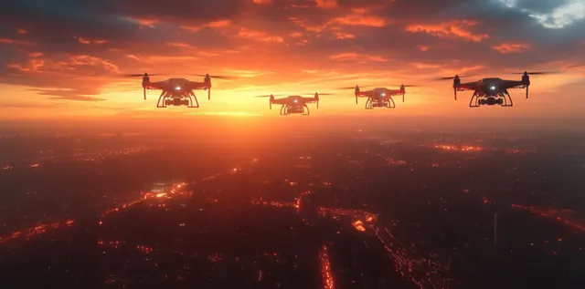 Four drones fly in formation over a glowing city at sunset with orange and purple clouds overhead.