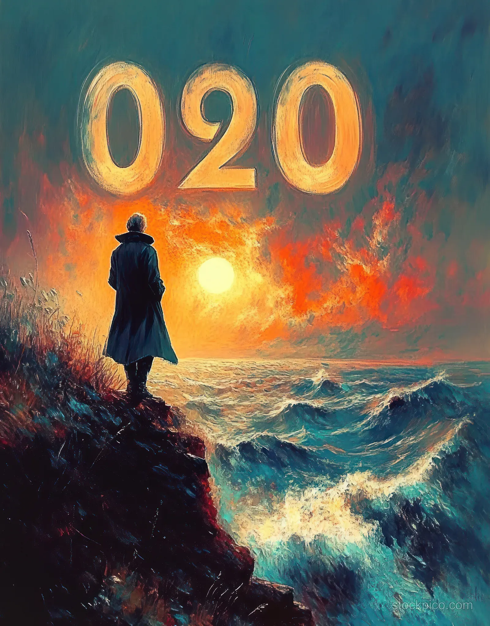 A silhouetted person stands on a rocky cliff overlooking a turbulent ocean at sunset under glowing 020 numbers in the sky.