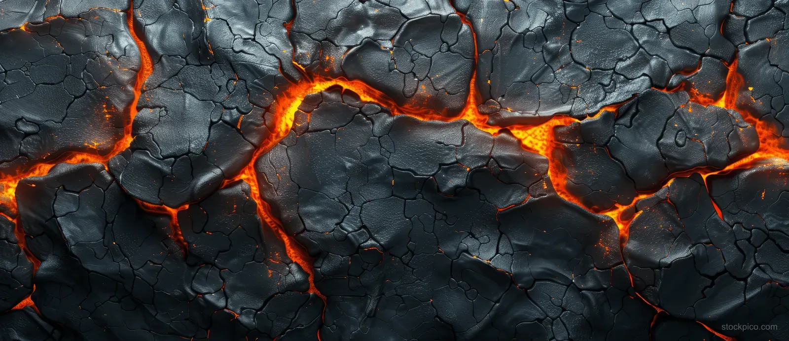 Cracked black rock surface with glowing orange molten lava fissures and small flames.