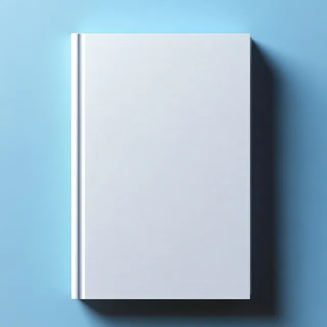 A closed blank book cover mock-up on a soft blue background with gentle shadows.