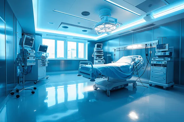 Sterile hospital room with patient bed and advanced monitoring devices under blue ceiling lights