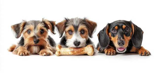 Three small puppies lie side by side on a white background, one resting its head on a dog bone while looking forward.