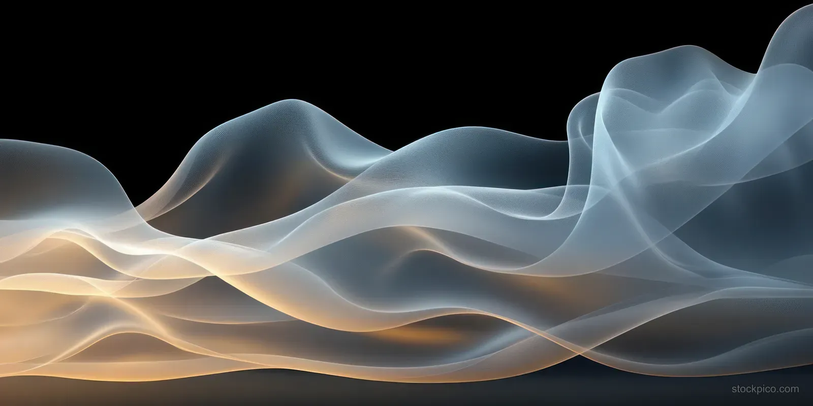 A translucent fluid wave ribbon undulates across a dark background with soft backlit highlights.