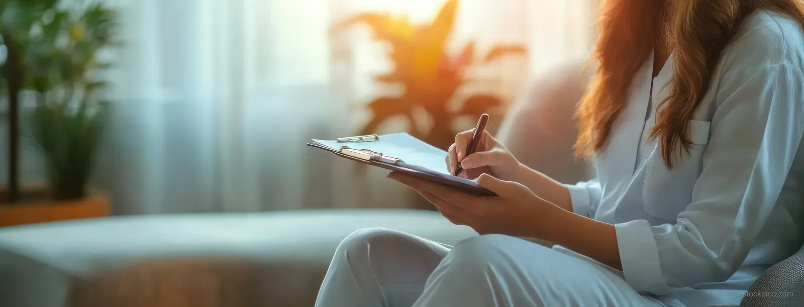 Therapist writing notes on a clipboard during a calm counseling session in a softly lit office.